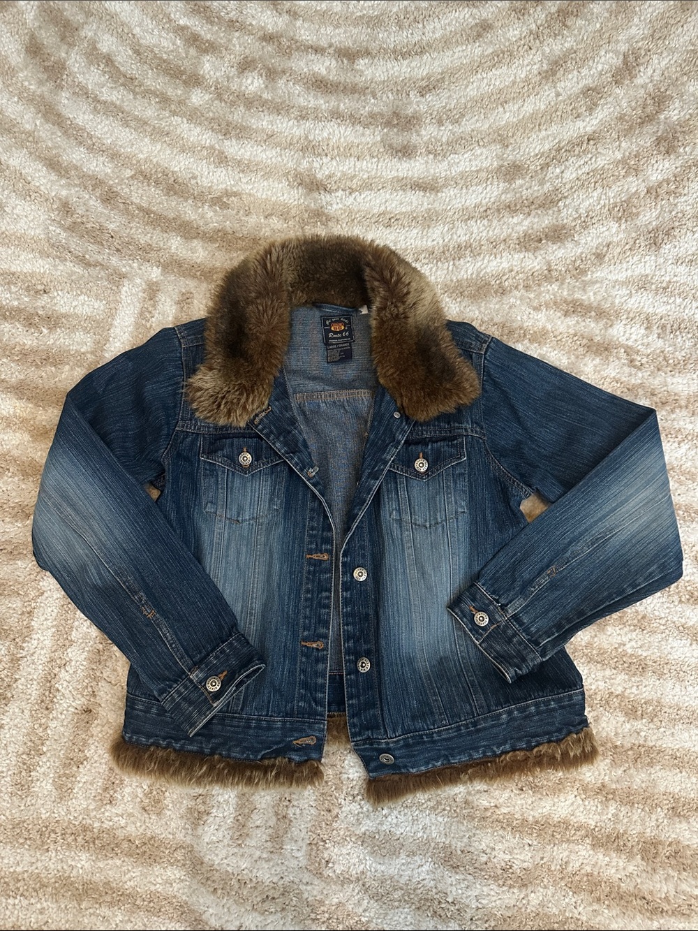 Route 66 Dark Blue Denim Jacket with Brown Faux-Fur Trim